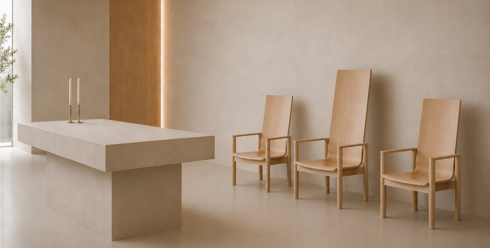 Warm interior reference with plywood chairs and a central table