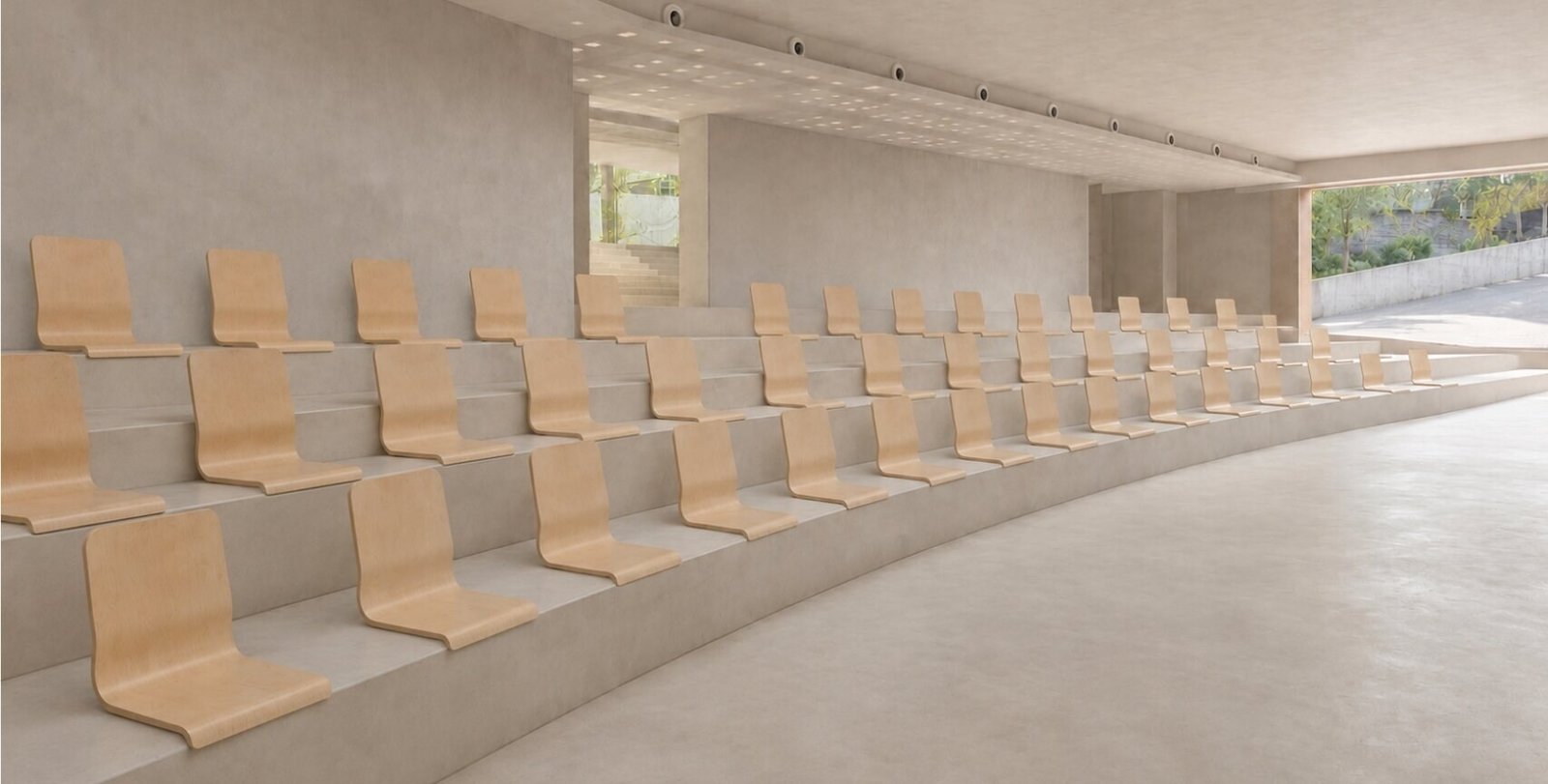 Rows of low plywood shells integrated into the stepped room