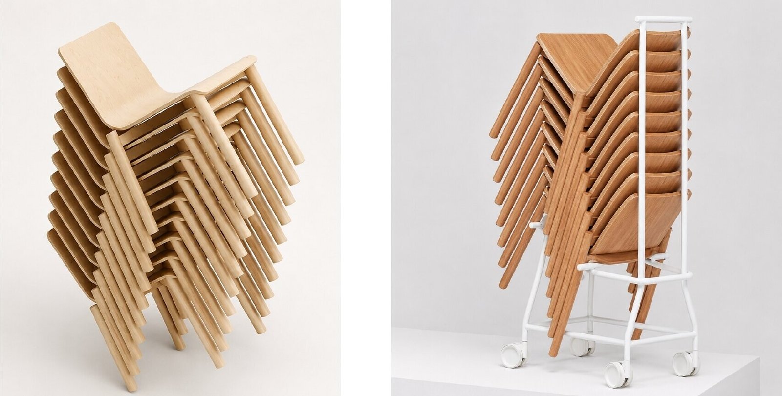 Reference study for stacking plywood chairs and moving them through the room