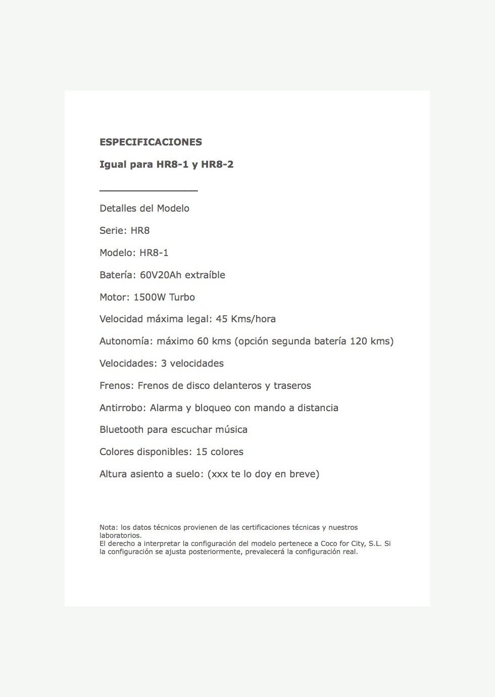 Citycoco product specification document
