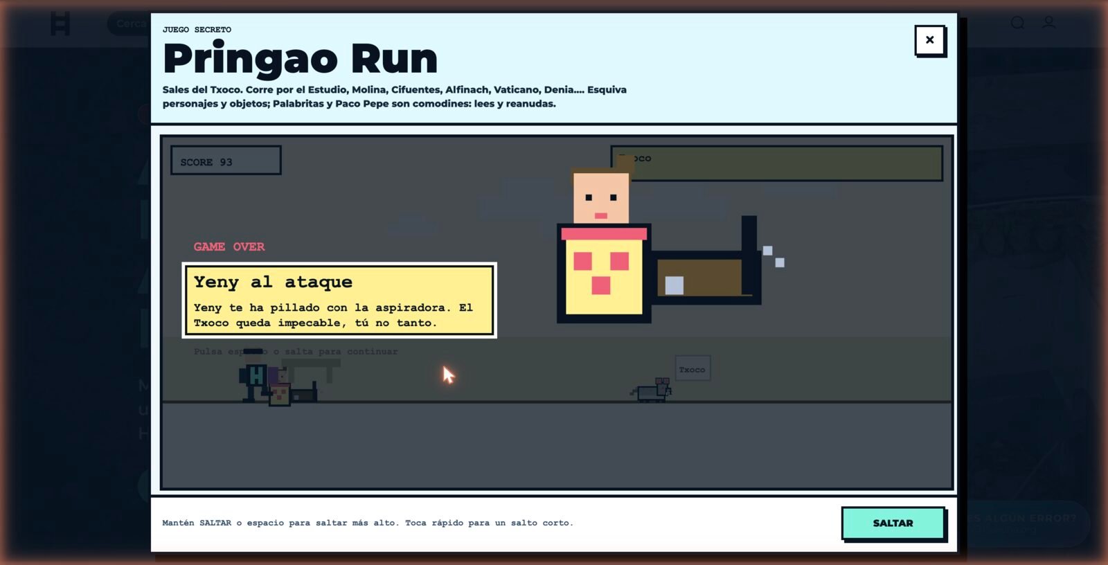 Pringao Run game over screen