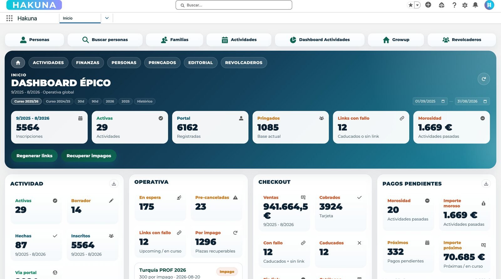 Epic dashboard home with global KPIs