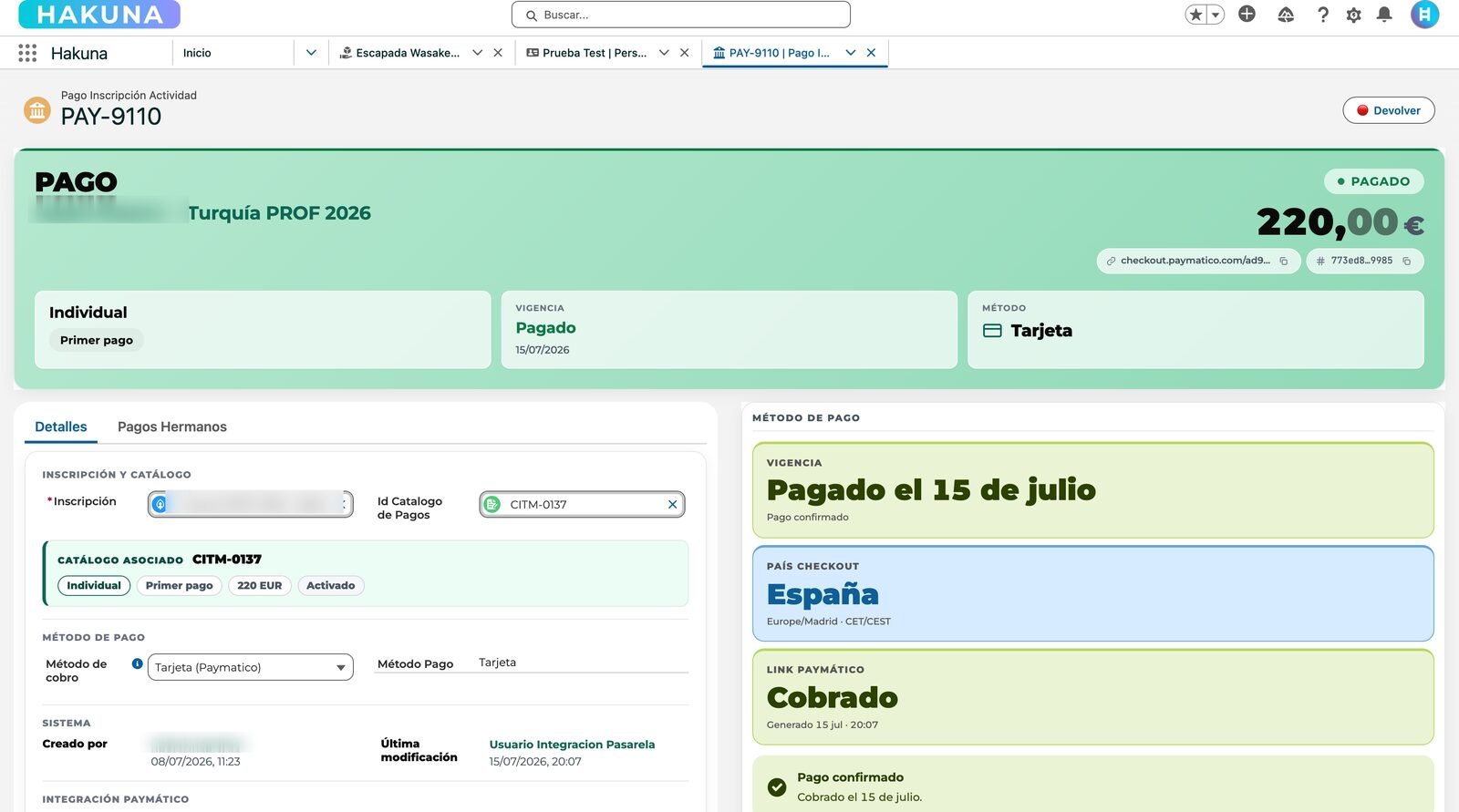 Payment record page with status hero